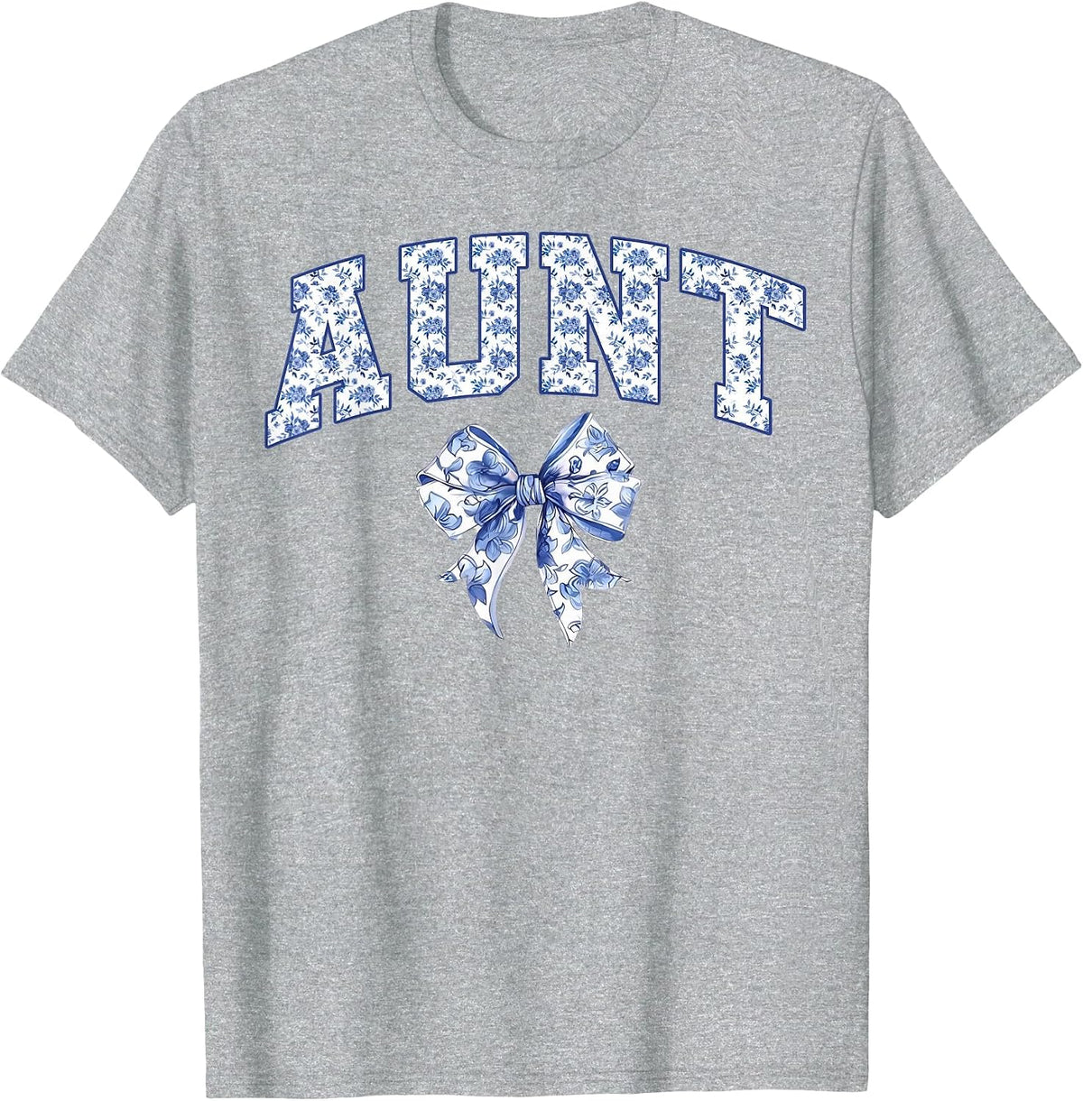 Aunt Coquette Toile Blue Bow Floral Family Matching T-Shirt - Heather Grey