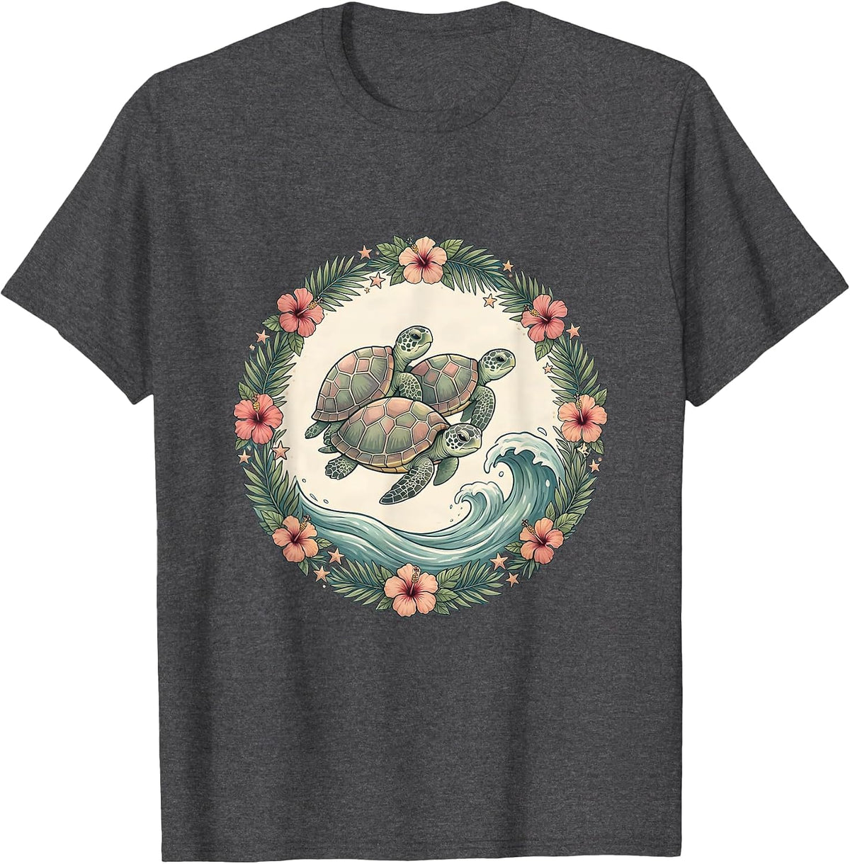 Baby Sea Turtles Hawaiian Ocean Wave Design T-Shirt - Dark Heather Grey