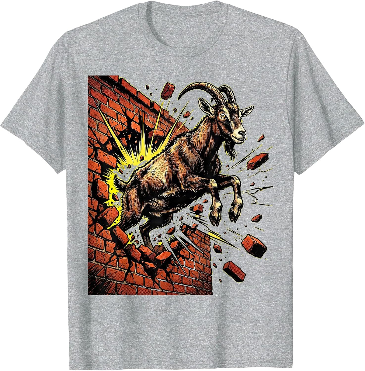 Men's Unhinged Goat Smashing Through Brick Wall T-Shirt - Heather Grey