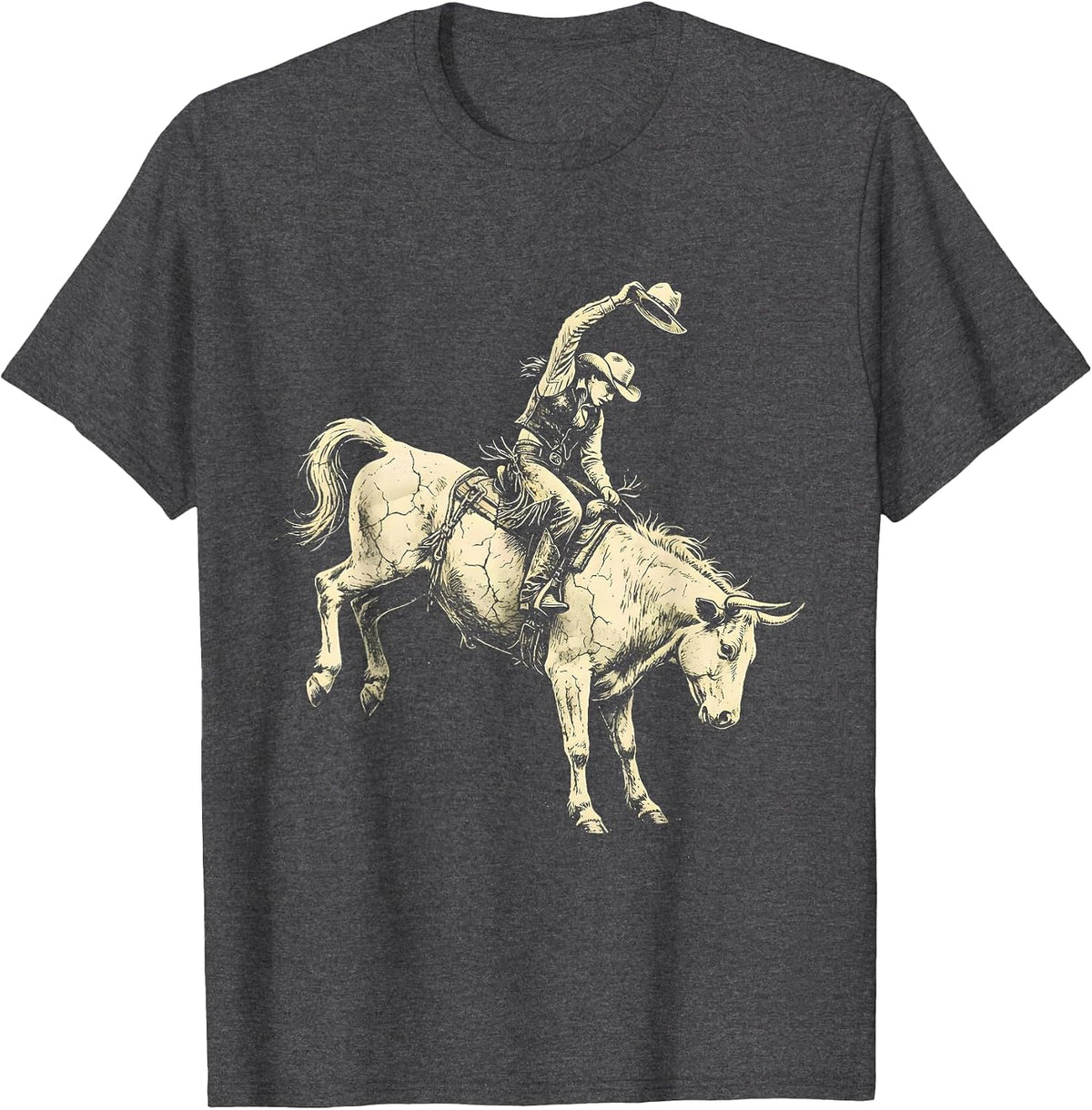 White Cowgirl Riding Bucking Bronco Rodeo Art T-Shirt - Dark Heather Grey