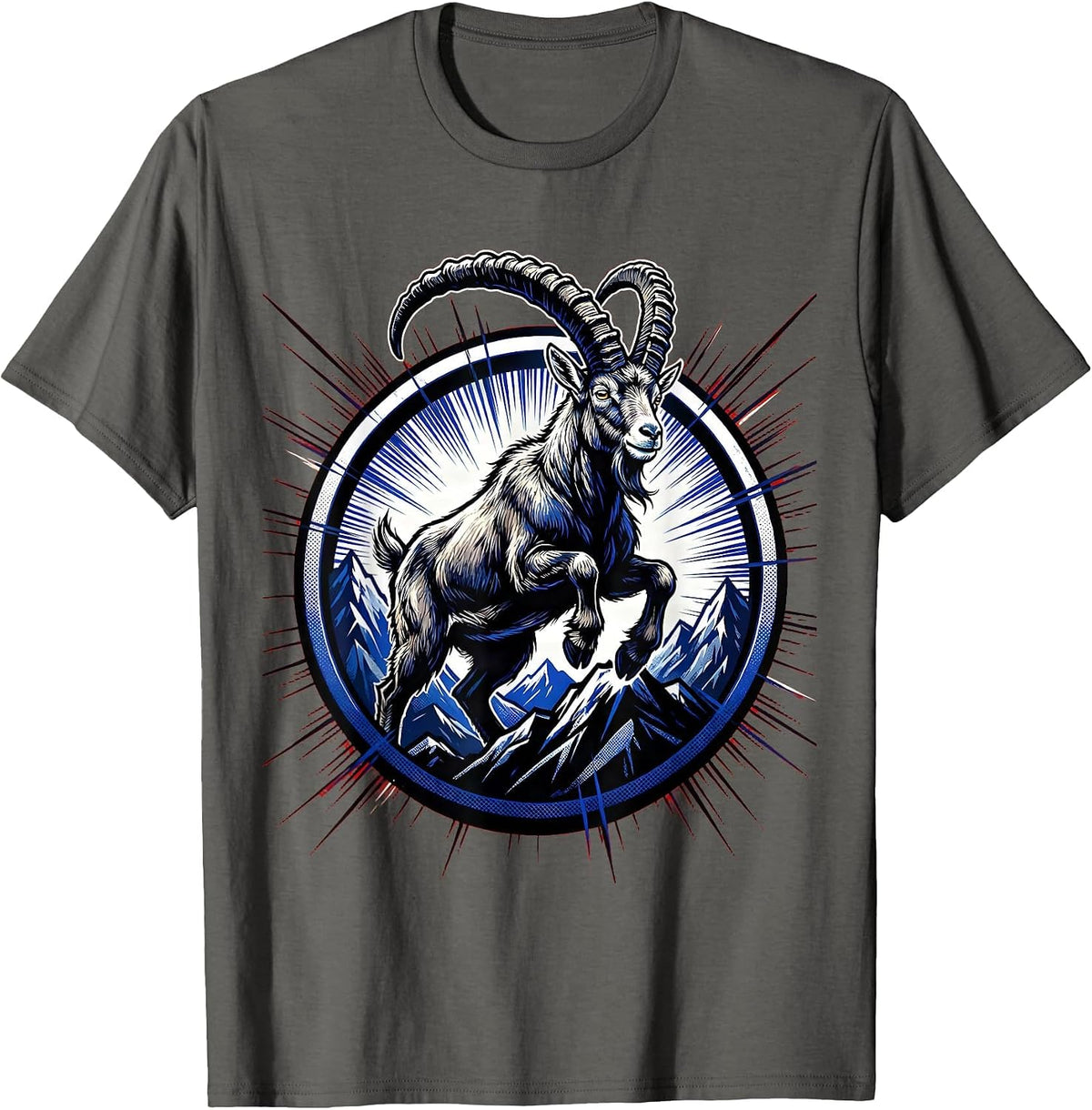 Mountain Goat Summit Peak Wildlife Illustration T-Shirt - Asphalt Grey