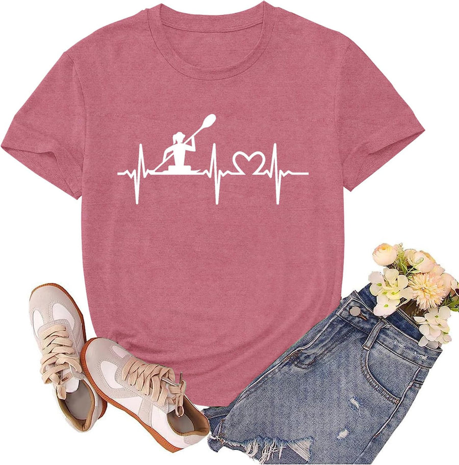 Kayaking Shirts for Women Kayak Kayaker Heartbeat Tshirts Nautical Boat Canoe Lover Tee Tops - Pink