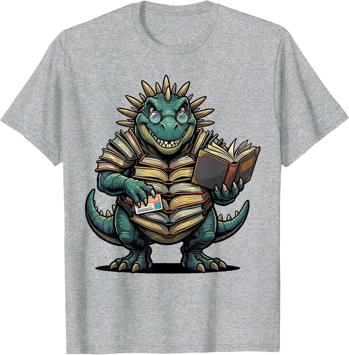 Men's Dinosaur Reading Teacher Librarian Bookworm Humor T-Shirt - Heather Grey