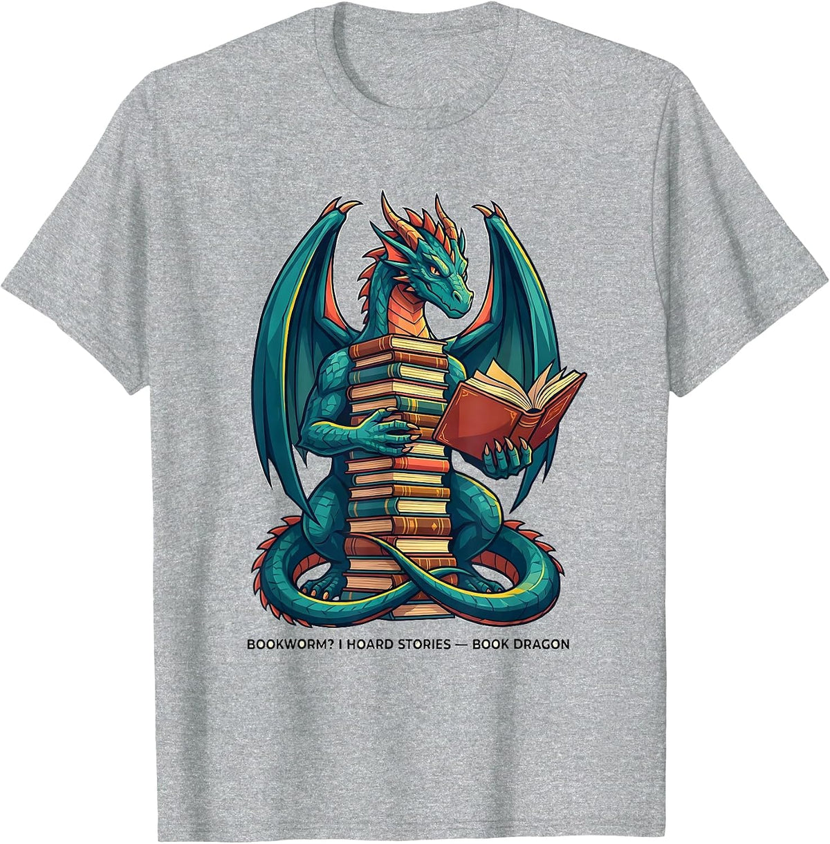 Men's Bookworm? I Hoard Stories Book Dragon Funny Fantasy Book T-Shirt - Heather Grey