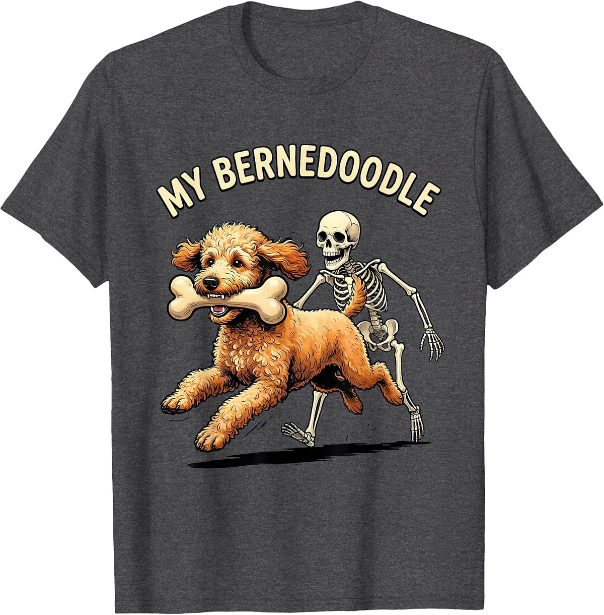 MY BERNEDOODLE Funny Skeleton Chasing Halloween Dog Mom Pet T-Shirt - Dark Heather Grey