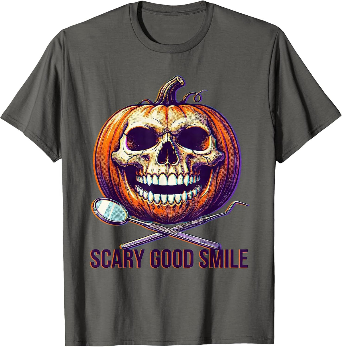 Men's Scary Good Smile Halloween Dental Design T-Shirt - Asphalt Grey