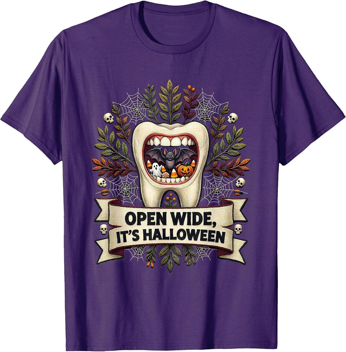 Men's Open Wide It's Halloween Dental Spooky Design T-Shirt - Purple
