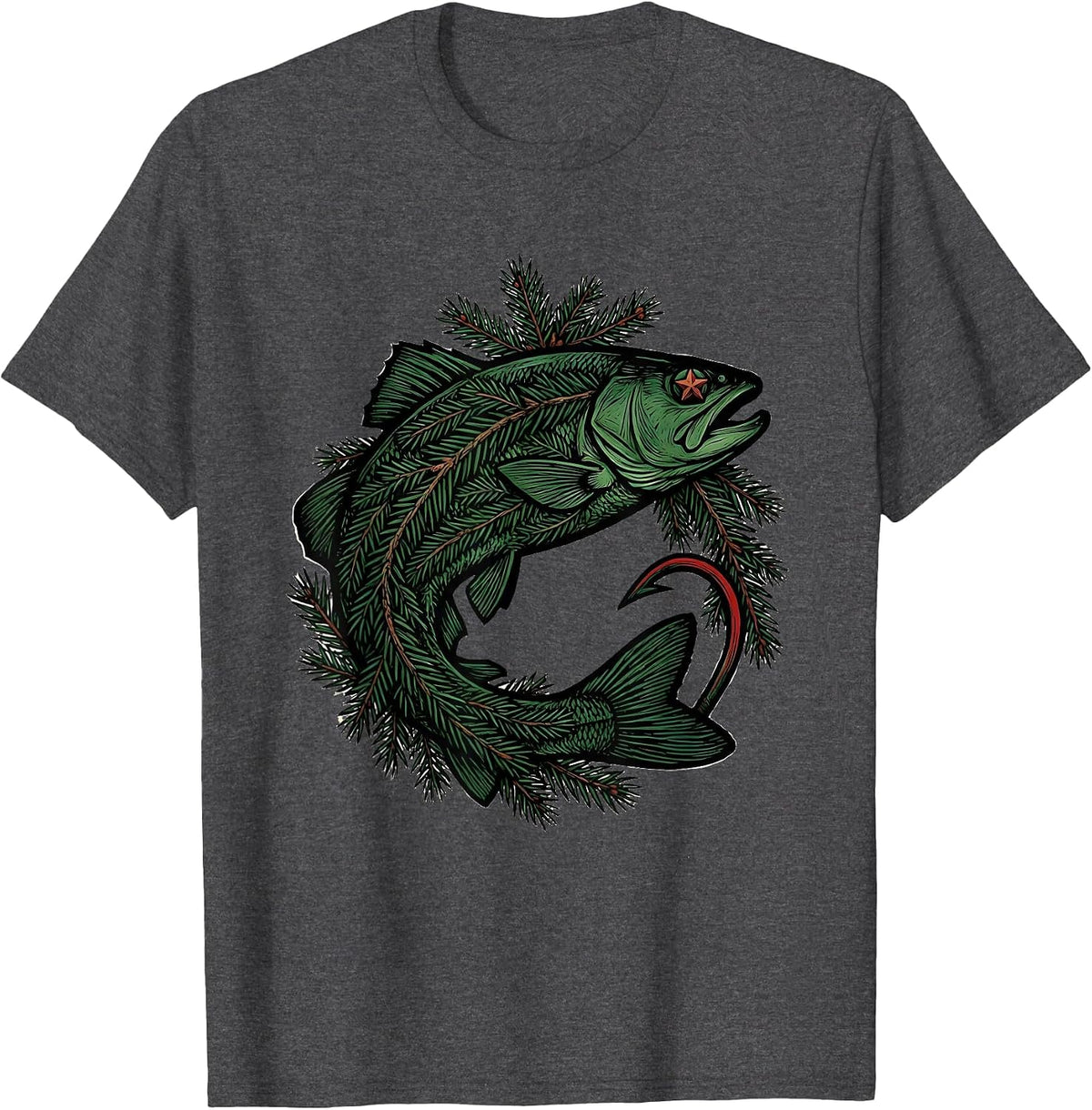 Trout Wreath Woodcut Engraving Funny Fisherman Christmas T-Shirt - Dark Heather Grey