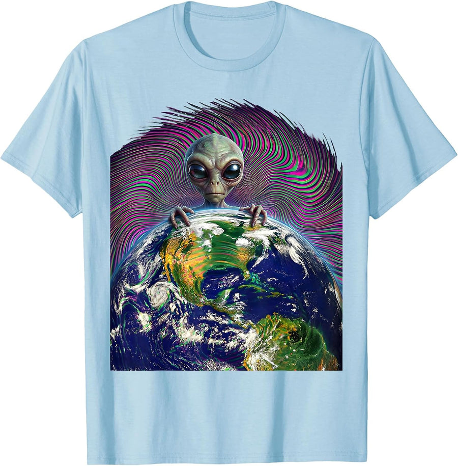 Men's Tiny Alien Peeking Over Earth's Horizon T-Shirt - Baby Blue