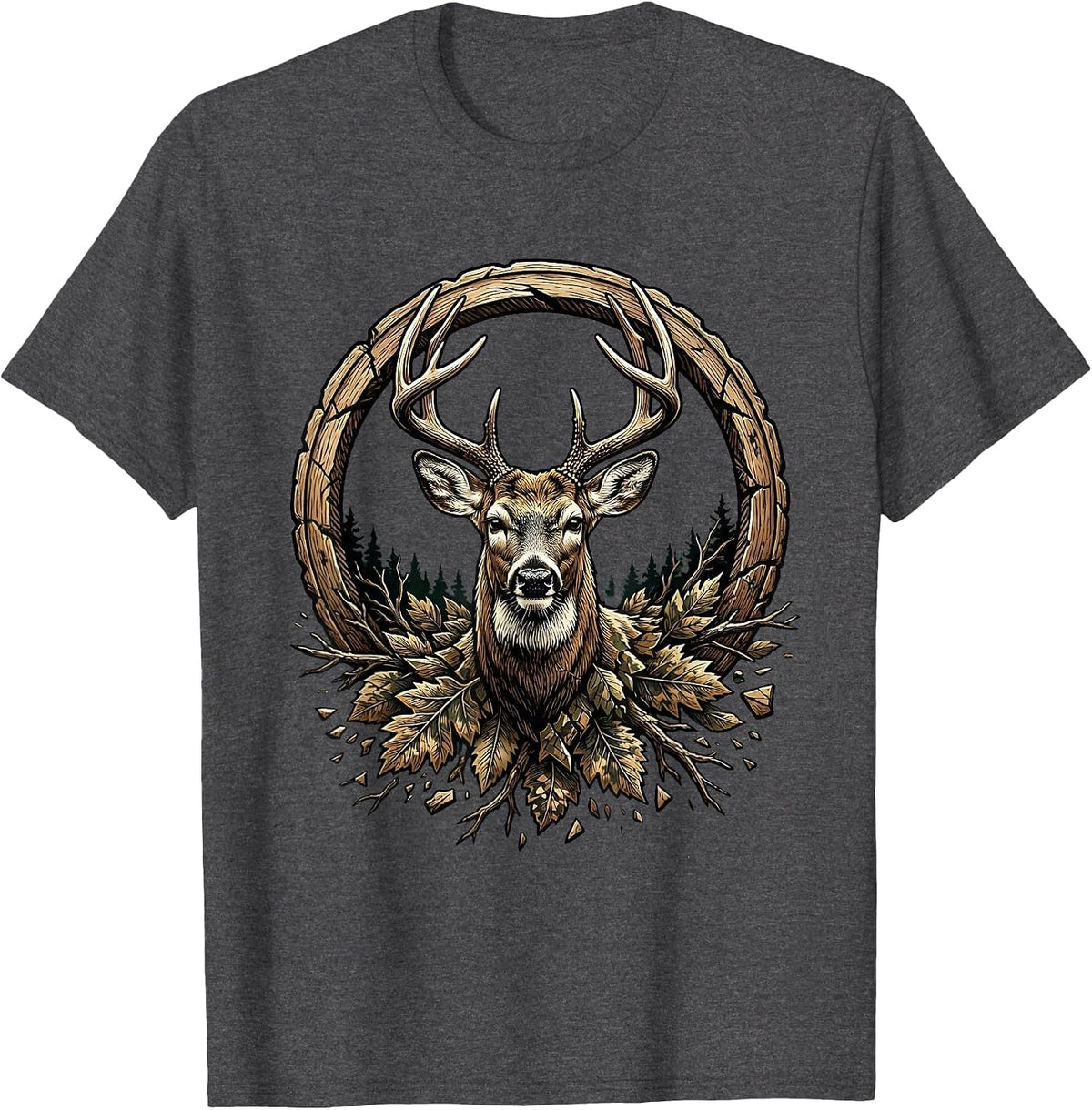 Boys Camo Deer Buck Hunting Graphic Tee T-Shirt - Dark Heather Grey
