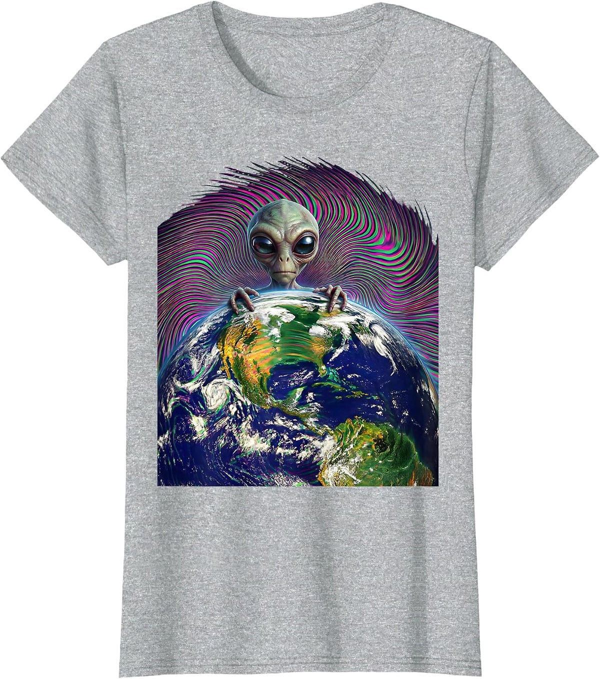 Women's Tiny Alien Peeking Over Earth's Horizon T-Shirt - Heather Grey