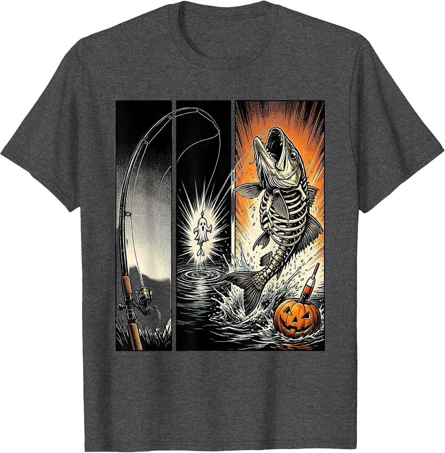 Men's Halloween Trout Ghost Skeleton Lure Fishing T-Shirt - Dark Heather Grey
