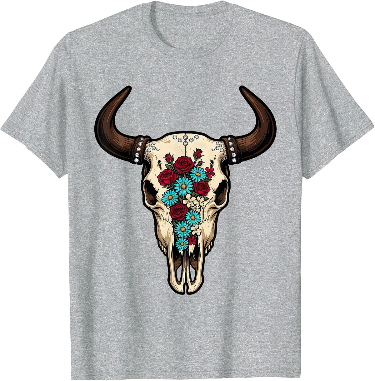Men's Bull Skull Wildflowers Boho Western Floral Illustration T-Shirt - Heather Grey