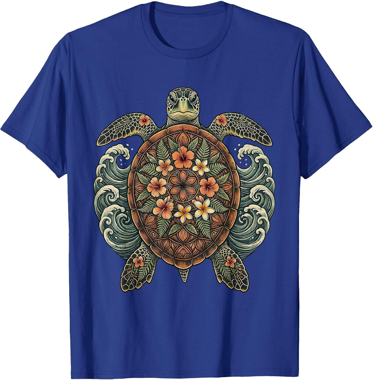Sea Turtle Ocean Waves Hawaiian Graphic Tee T-Shirt - Royal Blue