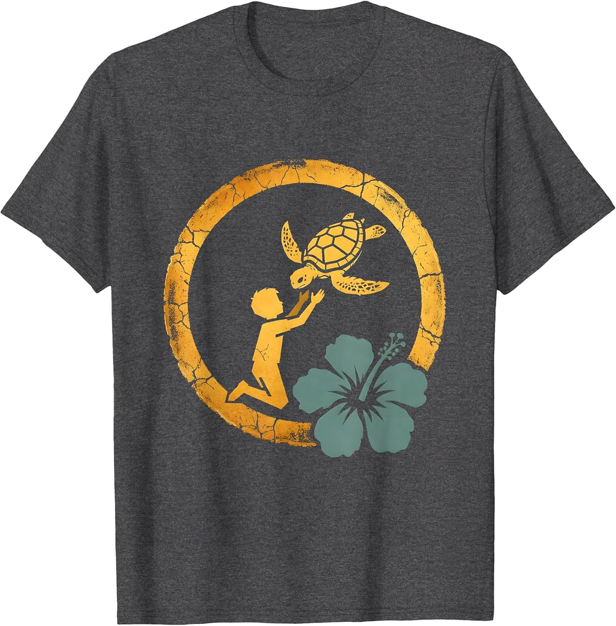 Men's Hawaiian Boy Releasing Sea Turtle Ocean Graphic T-Shirt - Dark Heather Grey
