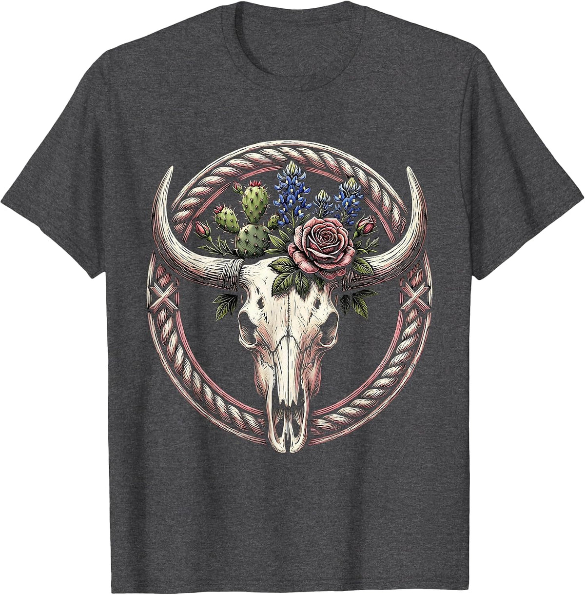 Pink Western Longhorn Skull Wildflower Design T-Shirt - Dark Heather Grey
