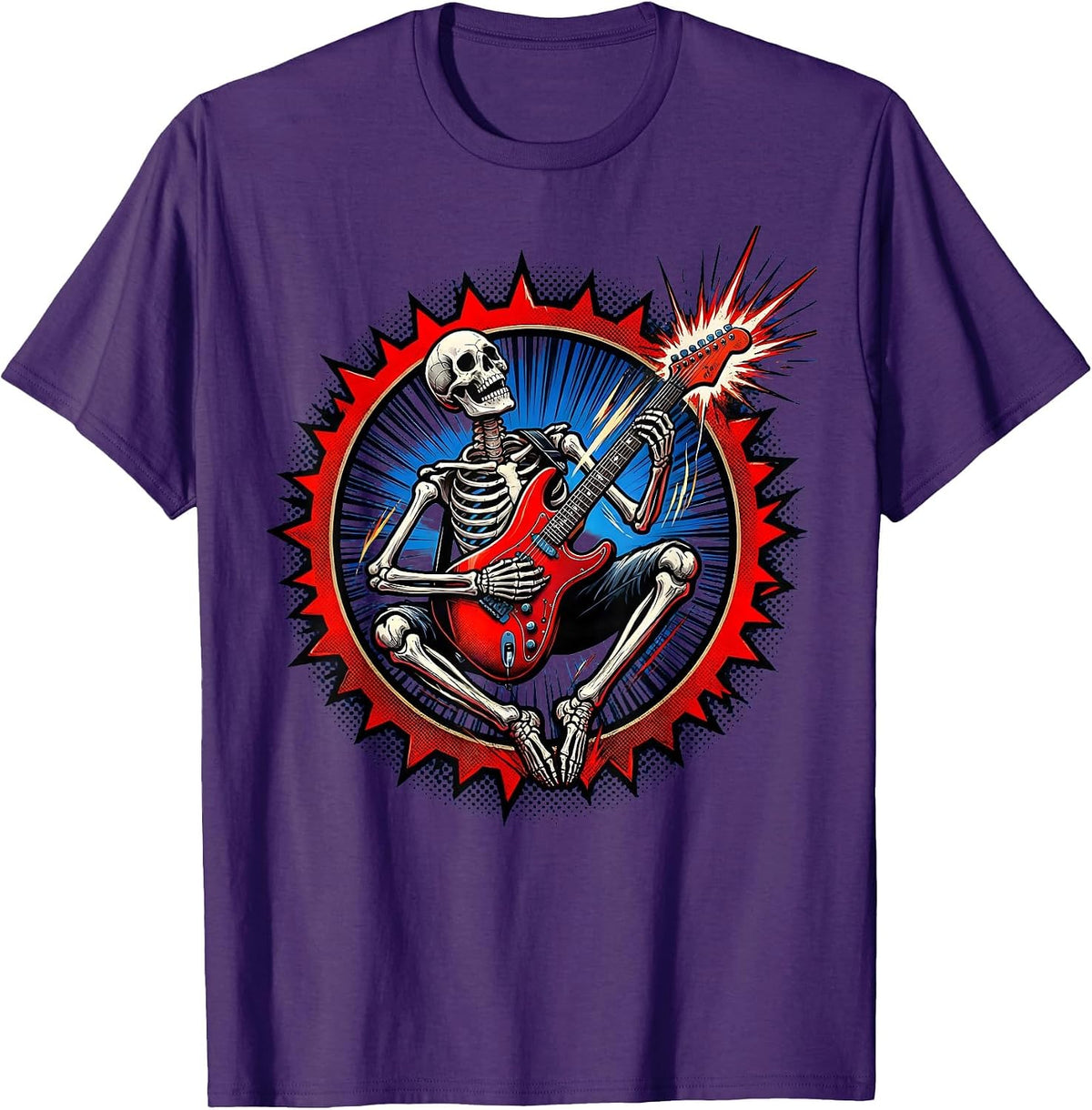 Skeleton Electric Guitar Player Rock Stage Graphic T-Shirt - Purple