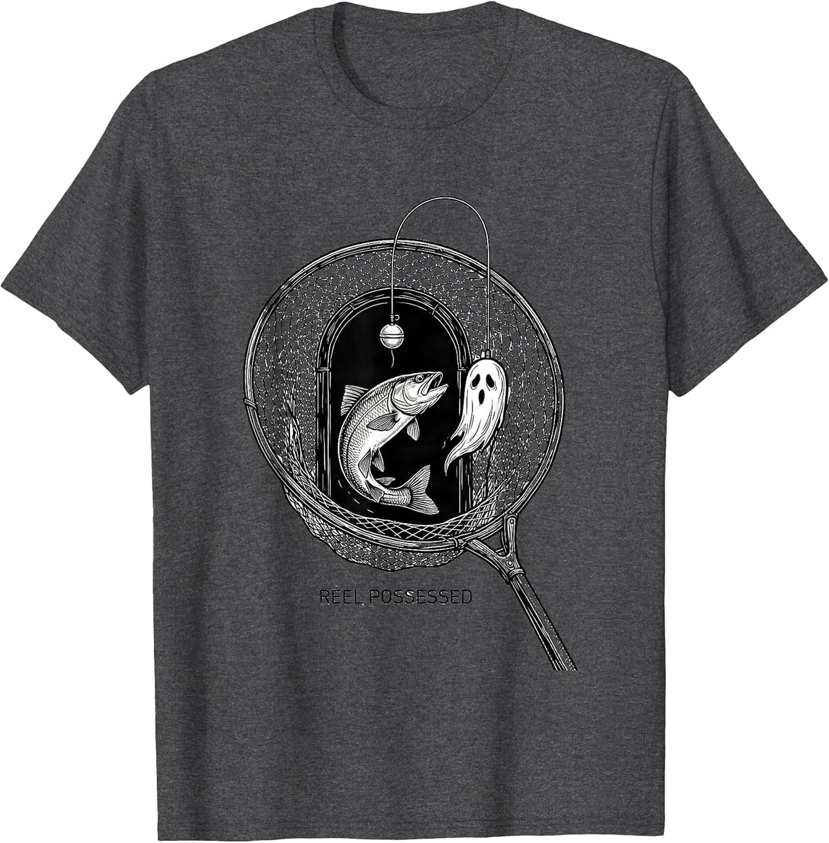 Reel Possessed Line Art Halloween Fishing Ghost Trout Spooky T-Shirt - Dark Heather Grey