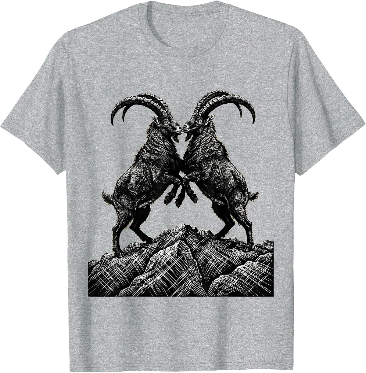 Men's Two Goats Locking Horns on a Hilltop Graphic T-Shirt - Heather Grey