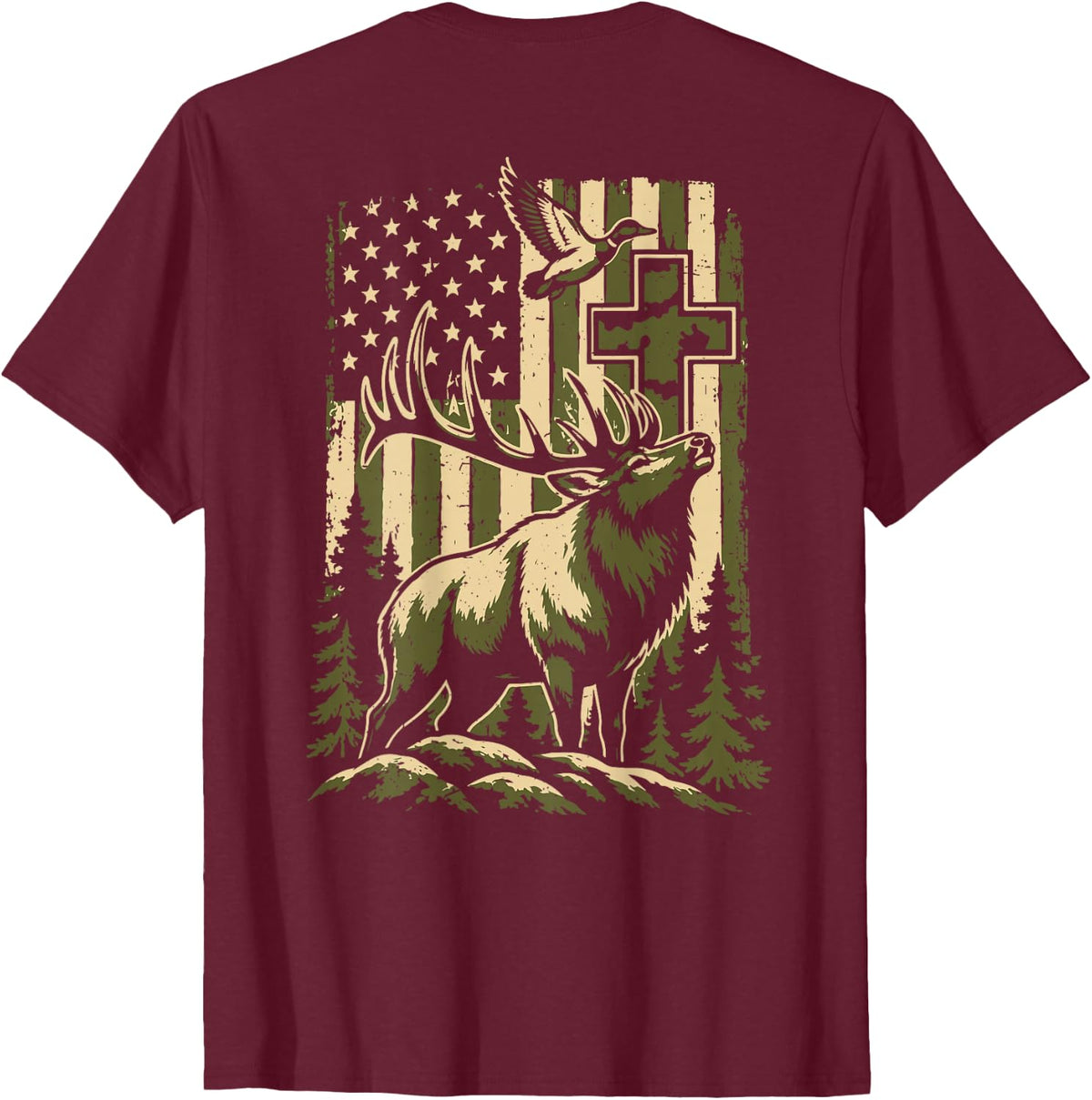 Youth Camo Deer Hunting American Flag Cross Mallard Duck Men T-Shirt - Burgundy