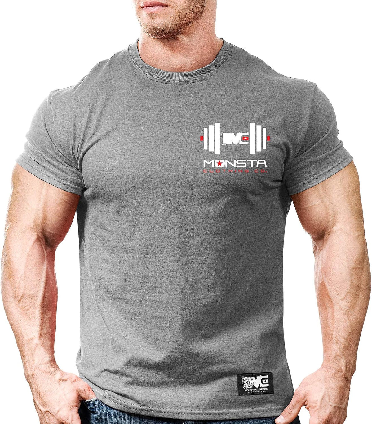 Monsta Clothing Co. Men's Workout (CSS:MC-Dumbbell-L) Gym T-Shirt (A:WT/RD) - Grey