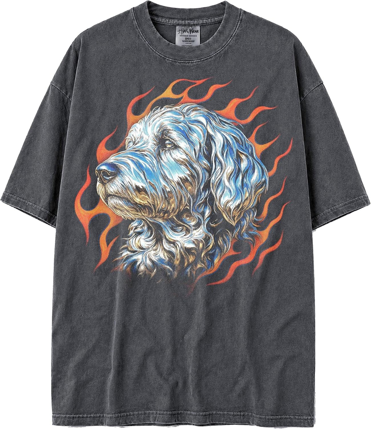 U.S.A. MAX-Heavyweight Shaka Wear 7.5oz 100% Cotton Oversized Tshirt - Chromed Out Animals with Flames - Bernedoodle