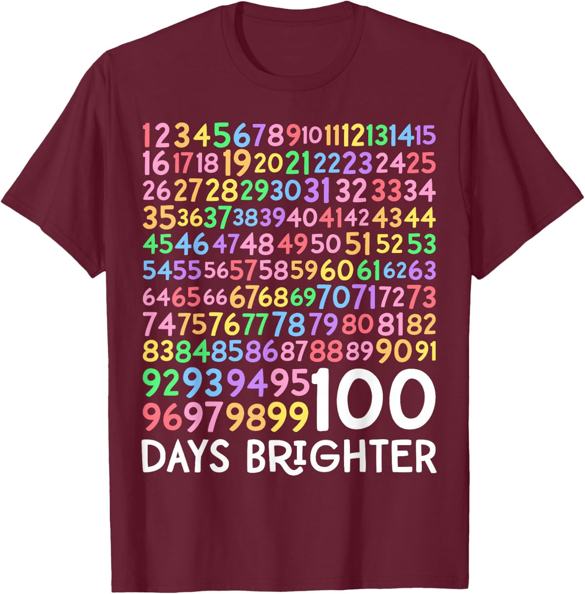 100th Day of School Teacher 100 Days Brighter Math Numbers T-Shirt - Burgundy
