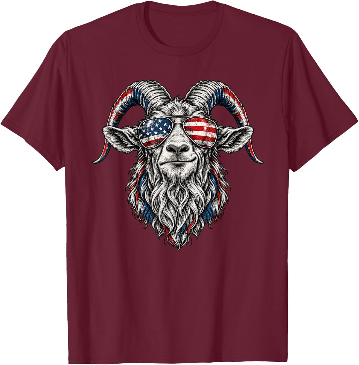 USA Goat 4th of July American Flag Aviator Sunglasses T-Shirt - Burgundy