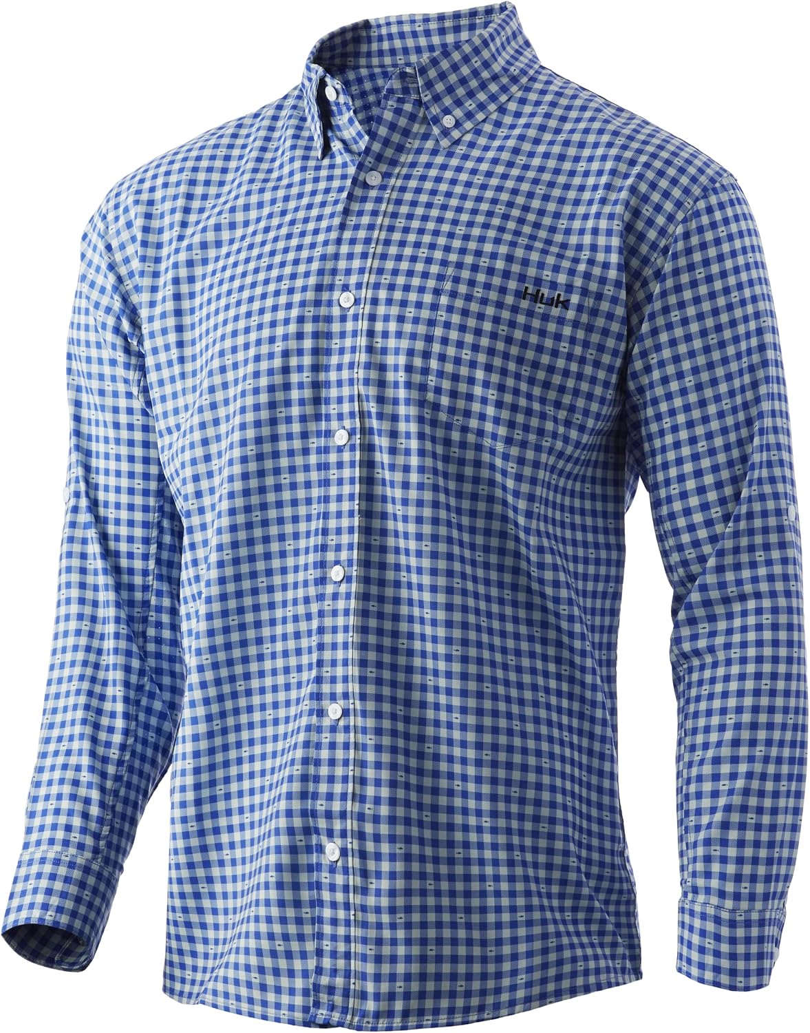 HUK Men's Tide Point Solid Long Sleeve Button Down Shirt (Available in 3X-Large) - Deep Cobalt Gingham