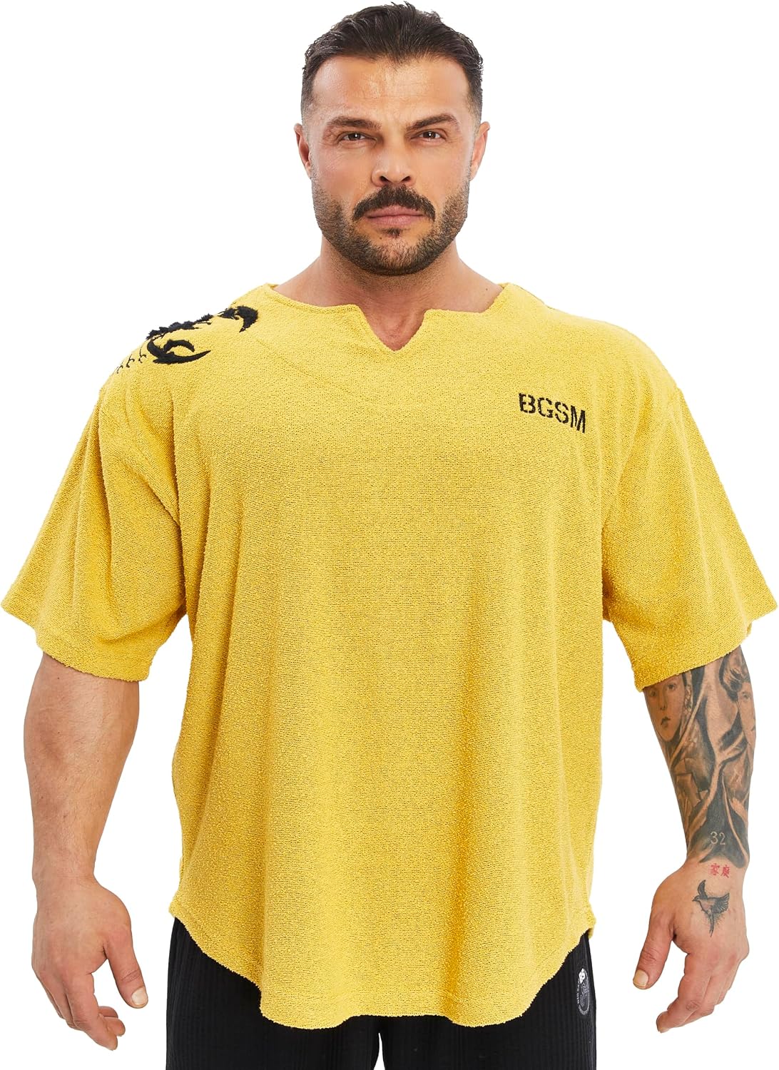 Men's Gym T-Shirt Active Wear Bodybuilding Lifting Oversize Rag Top | Towel Texture, Cotton Training Top - Yellow