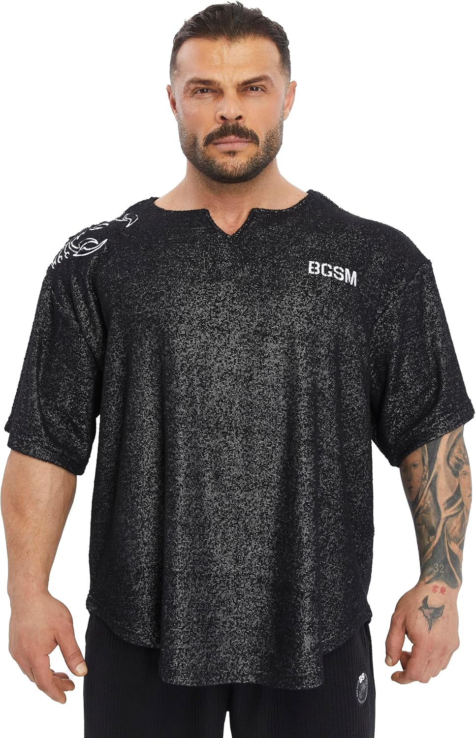 Men's Gym T-Shirt Active Wear Bodybuilding Lifting Oversize Rag Top | Towel Texture, Cotton Training Top - Black
