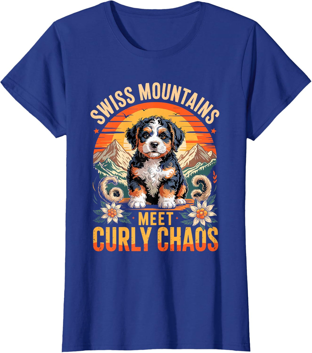 Swiss Mountains Meet Curly Chaos Bernedoodle Bernese T-Shirt - Royal Blue