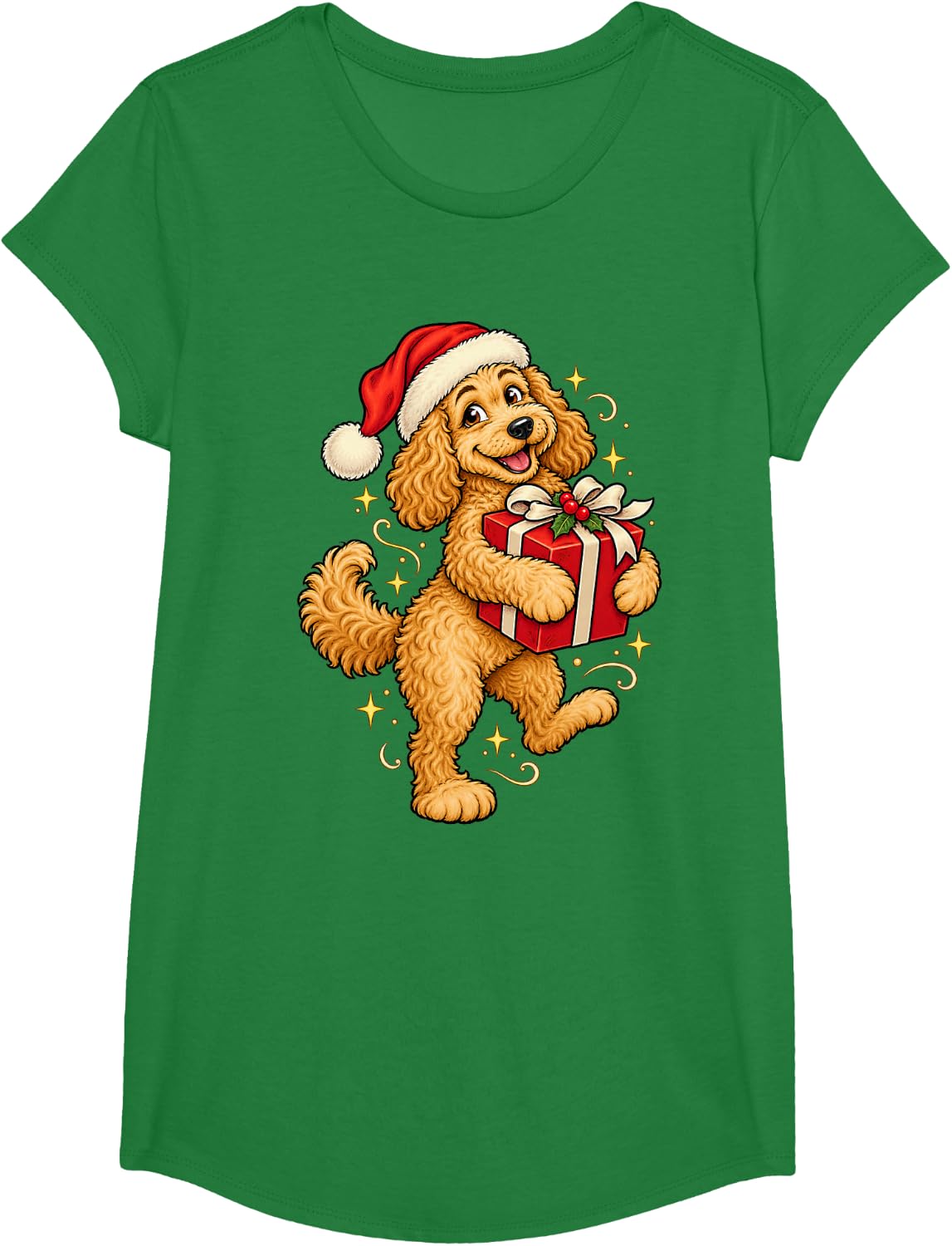 Christmas Goldendoodle Xmas Tree Santa Doodle Dog T-Shirt - Girls Kelly Green