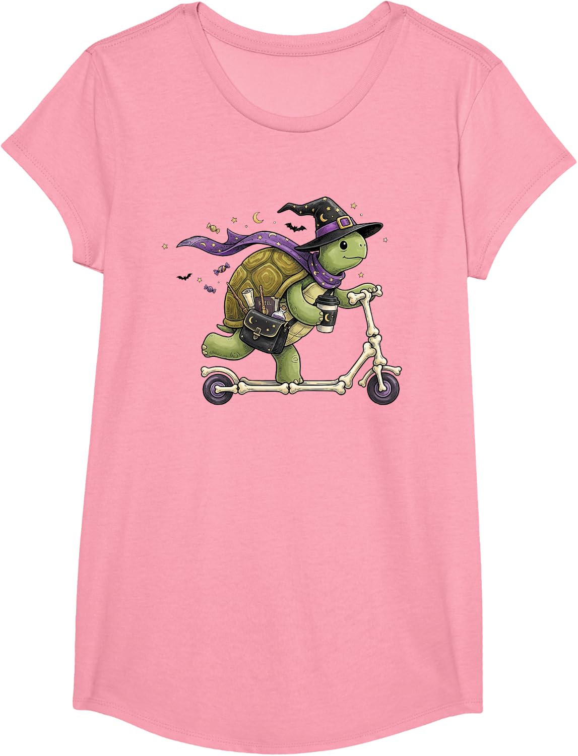 Turtle Scooter Witch Halloween Kids Mens Womens T-Shirt - Girls Pink
