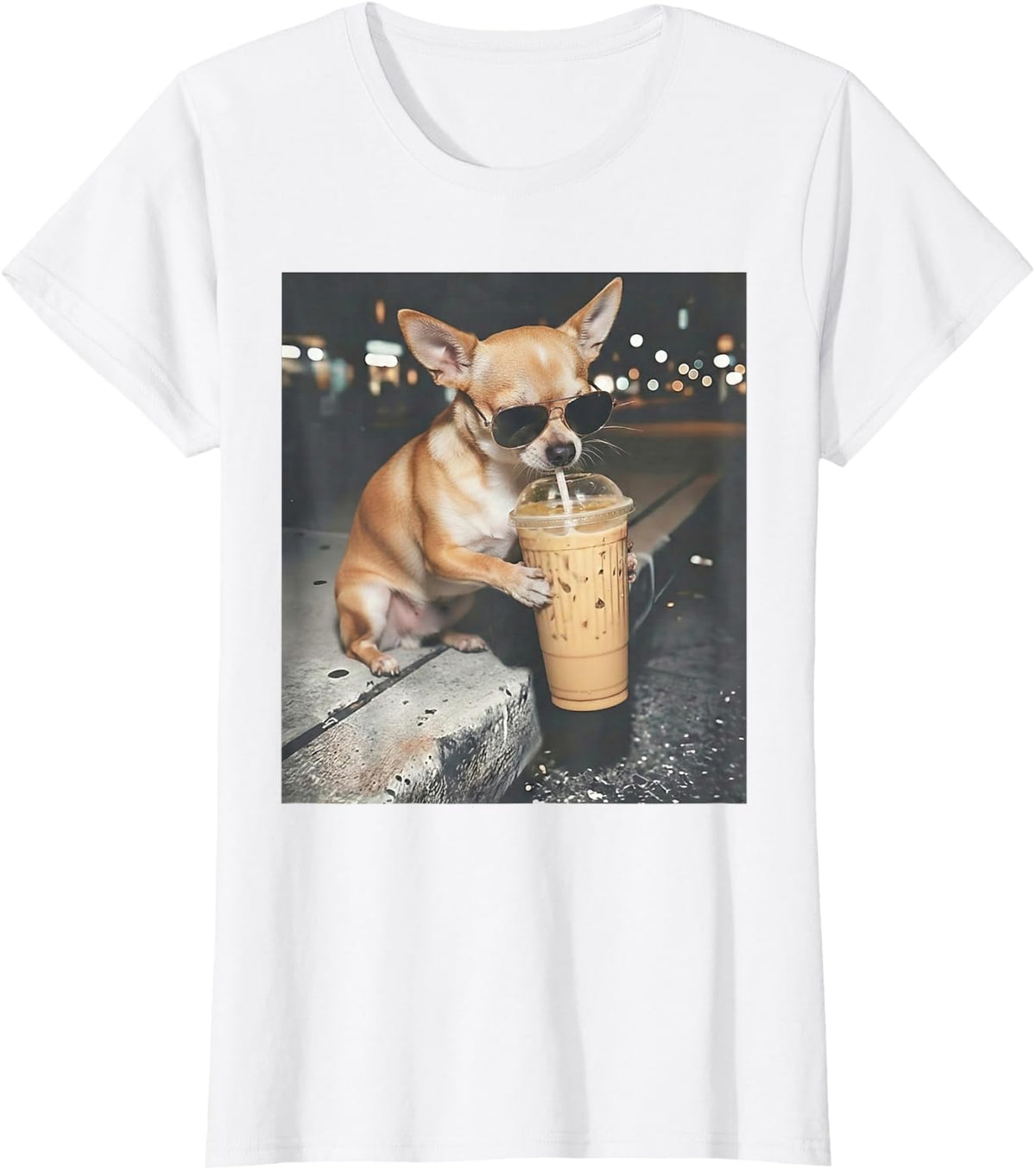 Chihuahua Drinking Iced Coffee Funny Animal Meme Dog Lover T-Shirt - White