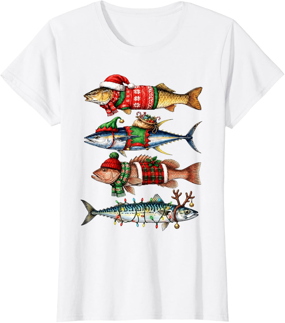 Christmas Trout Fishing Santa Reindeer ELF Xmas Tree Lights T-Shirt - White