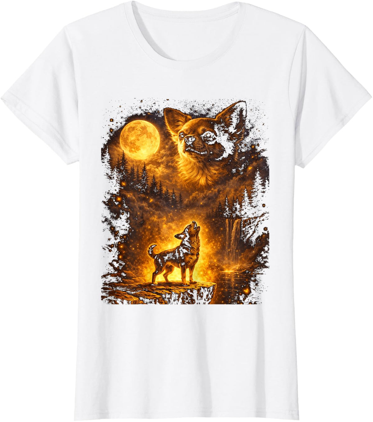 Vintage Moonlight Dog Funny Chihuahua Howling at The Moon T-Shirt - White