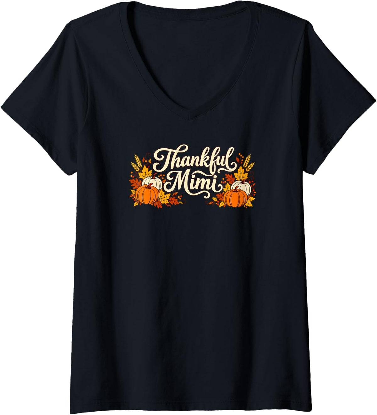 Women's Thankful Mimi Thanksgiving Family Dinner Turkey Day V-Neck T-Shirt - Black