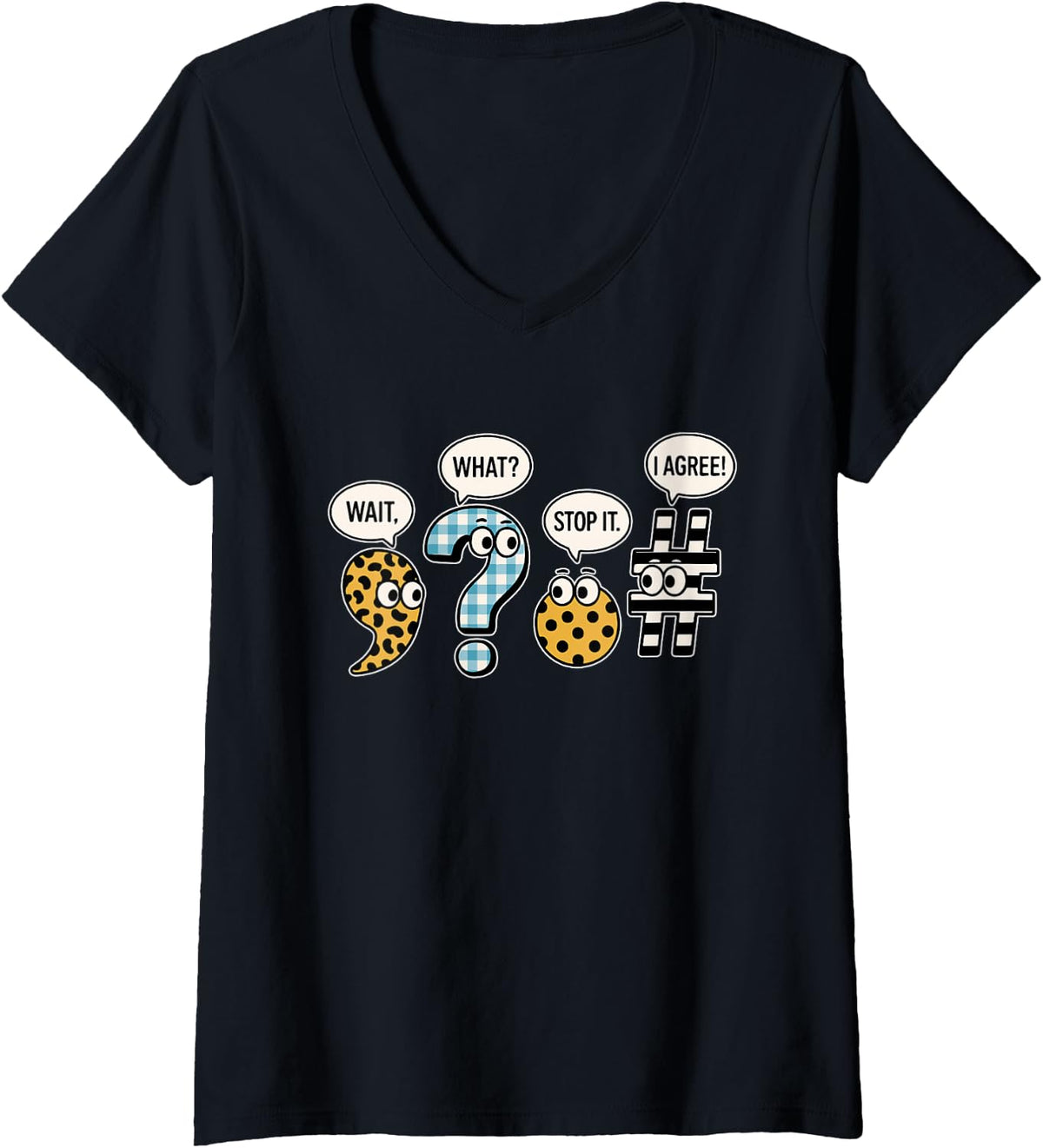 Women's Funny Punctuation English Grammar Teacher Back to School V-Neck T-Shirt - Black