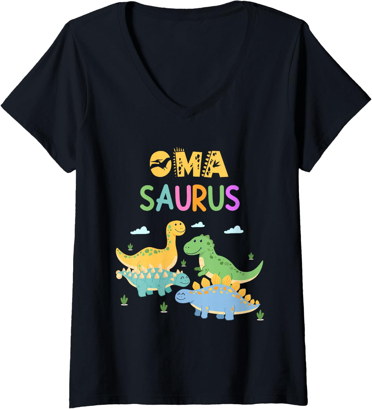 Women's Oma Saurus T-Rex Dinosaur Family Matching Birthday Party V-Neck T-Shirt - Black