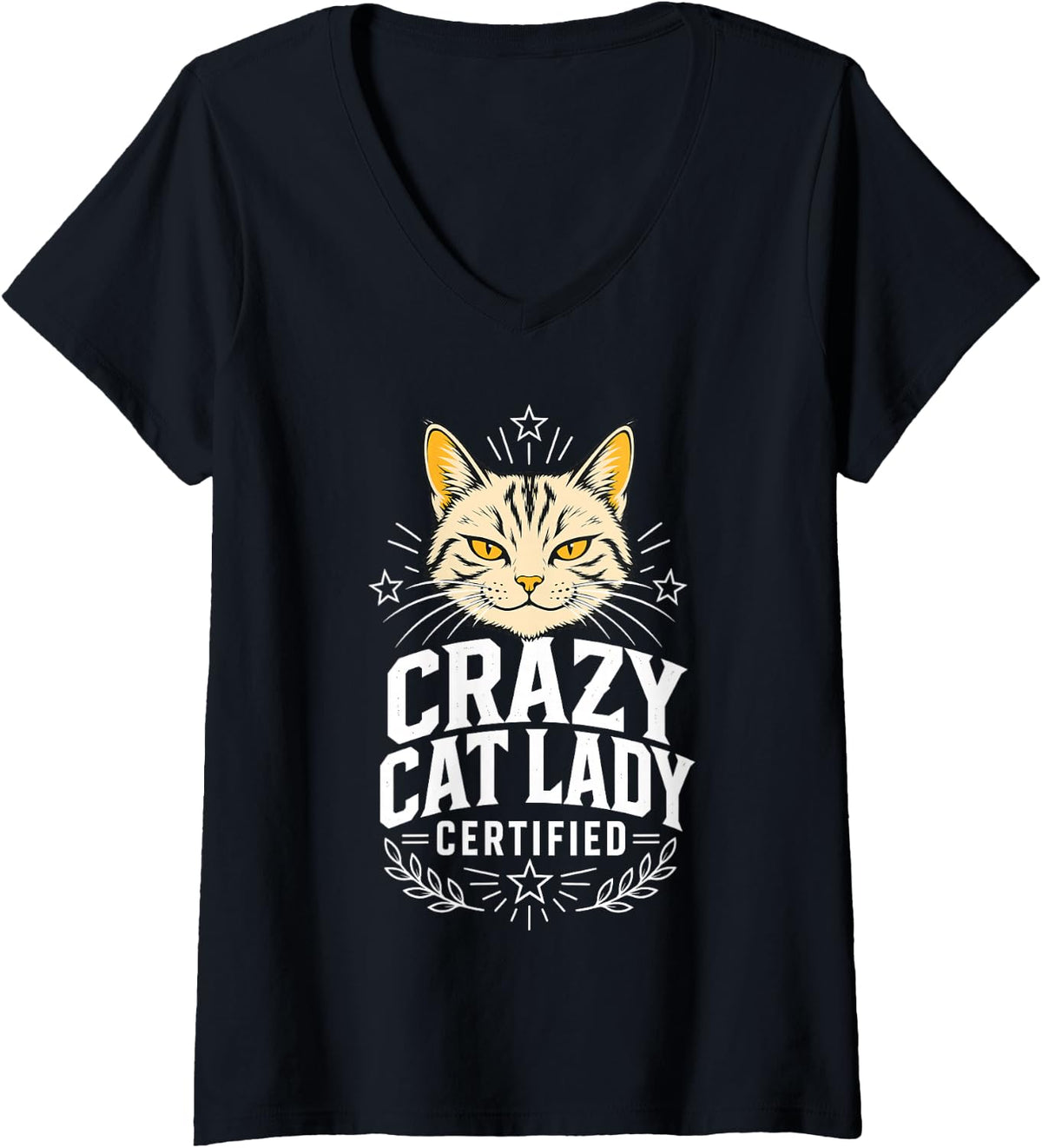 Women's Crazy Cat Lady Cute Kitty Face Feline V-Neck T-Shirt - Black