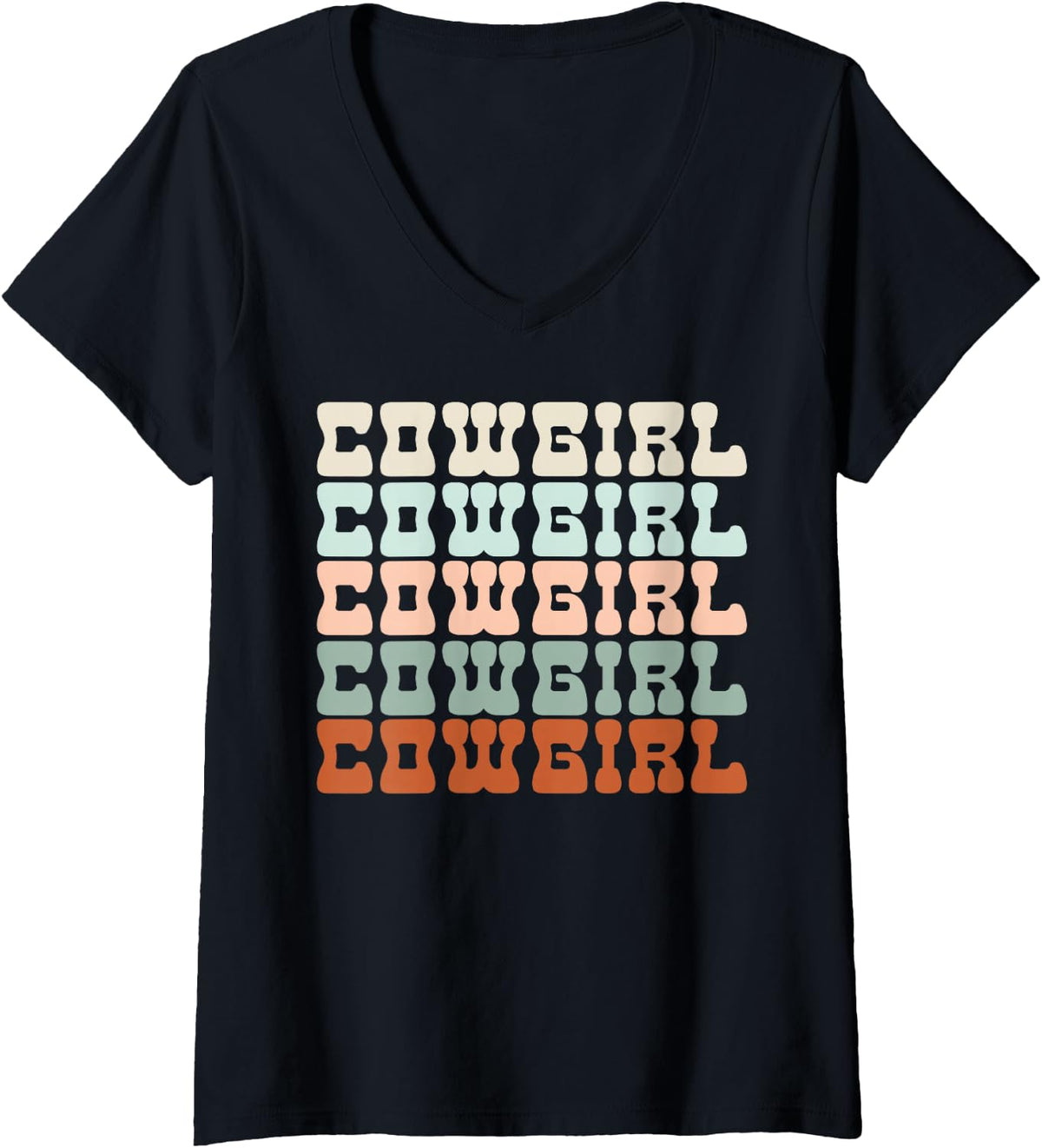 Women's Boho South Western Desert Groovy 70s Cowgirl V-Neck T-Shirt - Black