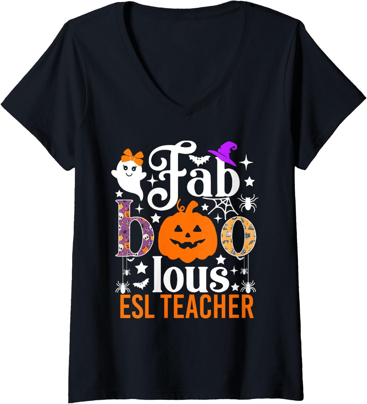 Women's Faboolous ESL Teacher Funny Pumpkin Halloween Costume V-Neck T-Shirt - Black