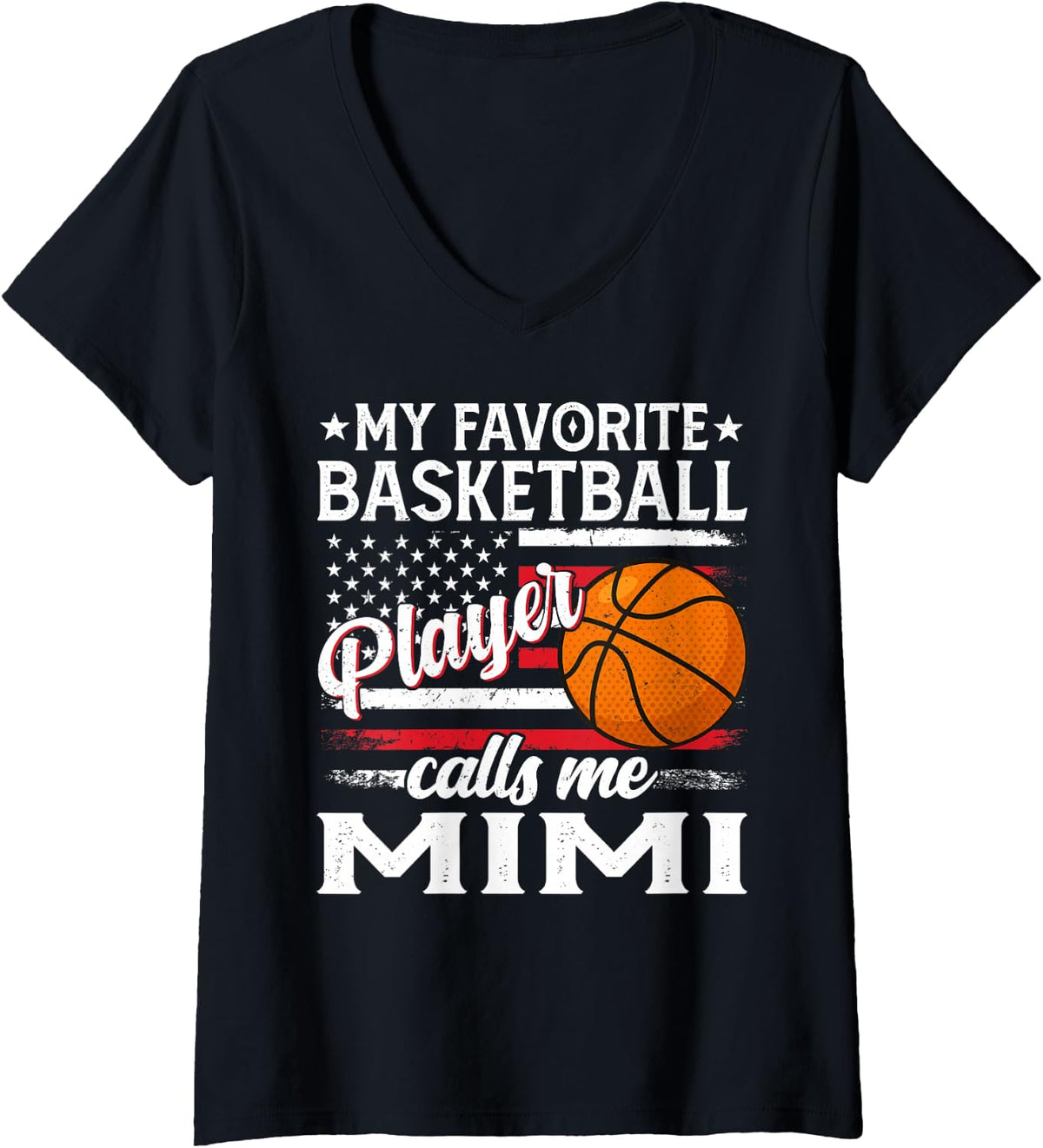 Women's My Favorite Basketball Player Calls Me Mimi US Flag V-Neck T-Shirt - Black