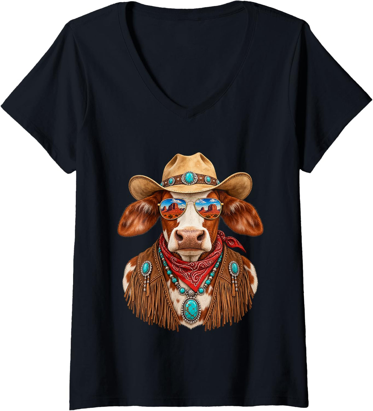 Women's Glam Cow with Sunglasses and Cowboy Hat Western Boho V-Neck T-Shirt - Black