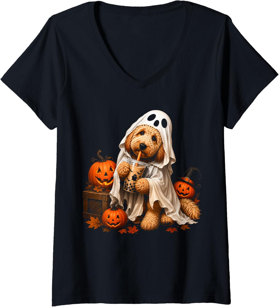 Women's Goldendoodle Ghost and Boba Cute Halloween Dog V-Neck T-Shirt - Black