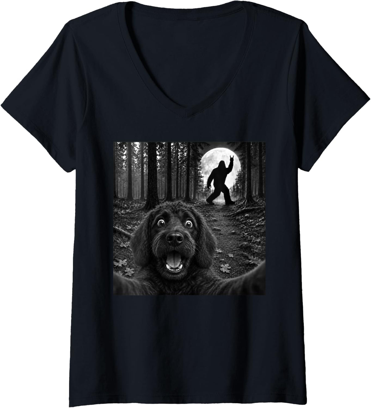Women's Labradoodle Selfie with Bigfoot Rock and Roll Dog Sasquatch V-Neck T-Shirt - Black