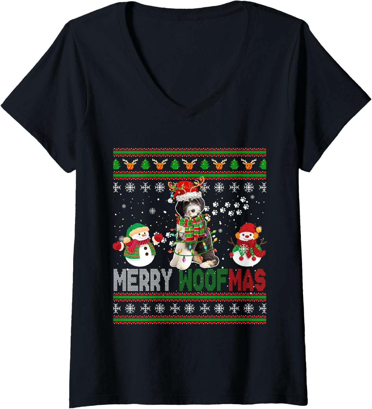 Women's Merry Christmas Woof Santa Reindeer Bernedoodle Snowmen V-Neck T-Shirt - Black