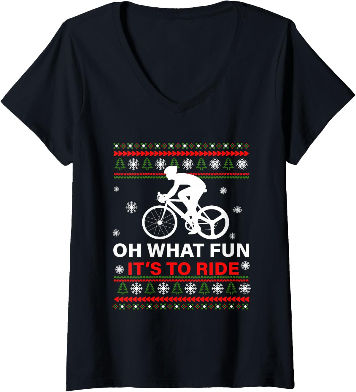 Women's Cycling Cyclist Bicycle Oh What Fun Ugly Christmas Sweater V-Neck T-Shirt - Black
