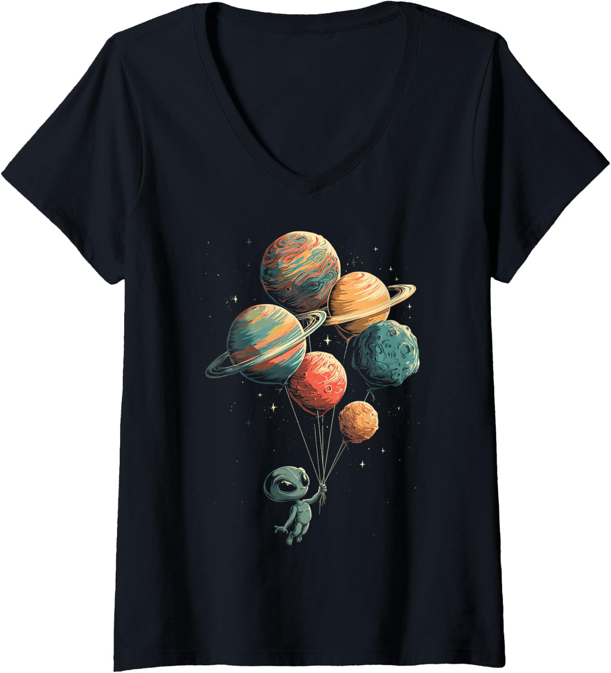 Women's Funny Little Alien Floating in Space Holding Planet Balloons V-Neck T-Shirt - Black